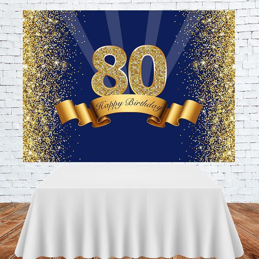 Happy 80th Birthday Photography Backdrop for Adult Men Navy Blue and Glitter Gold Eighty Years Old Background - Hibrides