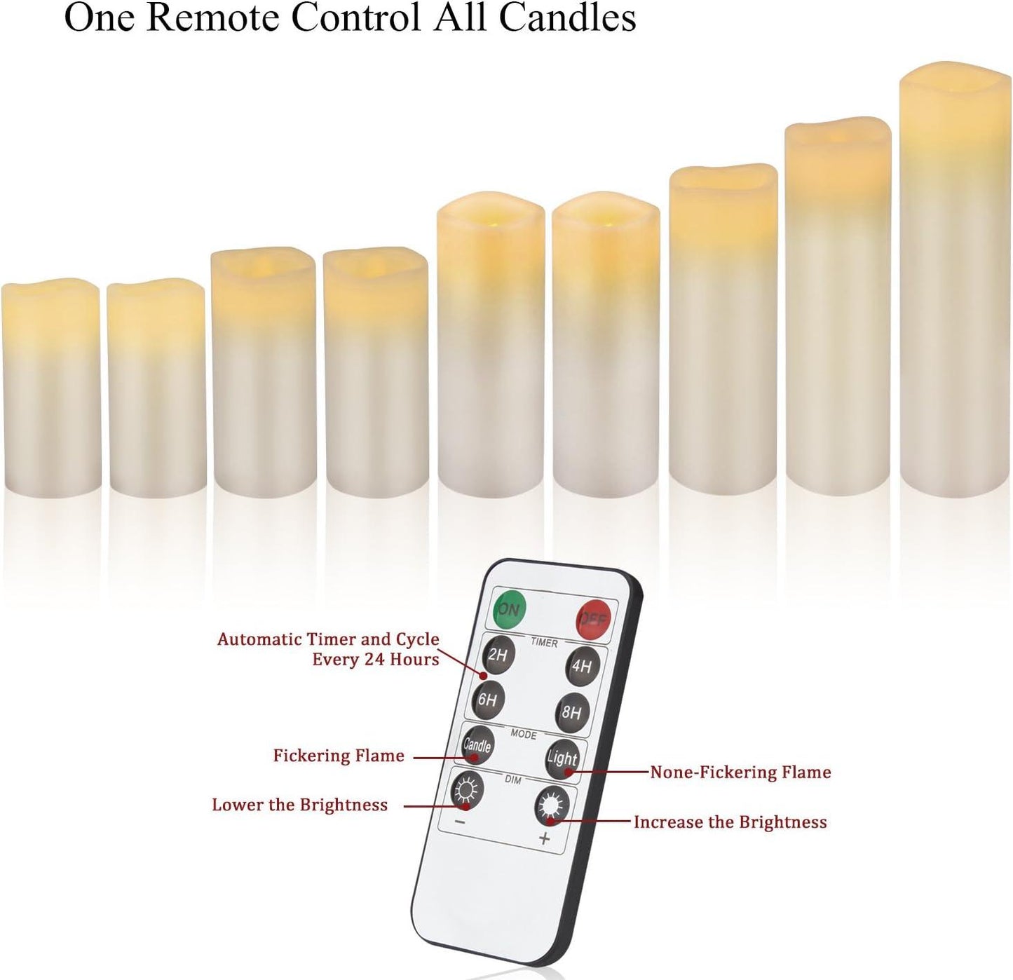 Set of 9 Flameless Candles Battery Operated Candles 4" 5" 6" 7" 8" 9" Ivory Real Wax Pillar LED Candles with 10-Key Remote - Hibrides
