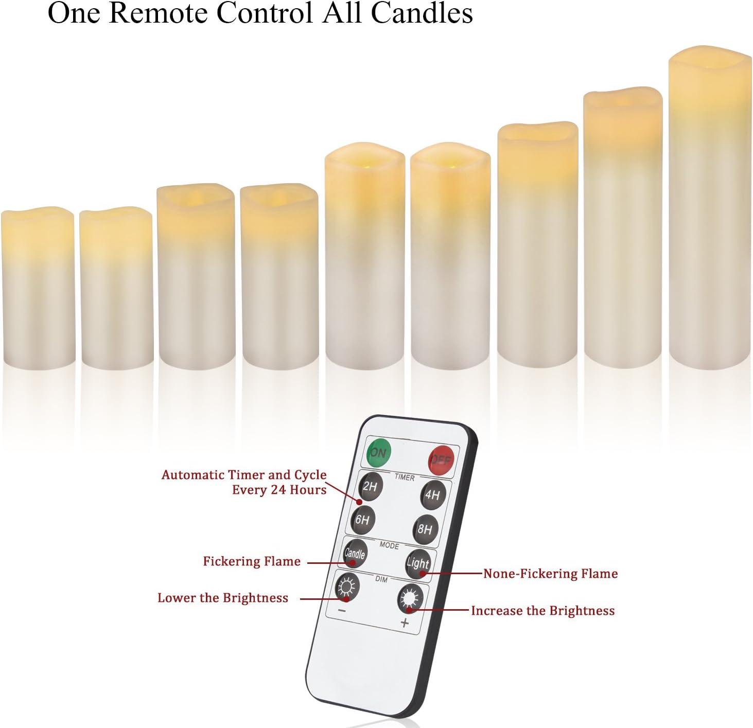 Set of 9 Flameless Candles Battery Operated Candles 4" 5" 6" 7" 8" 9" Ivory Real Wax Pillar LED Candles with 10-Key Remote - Hibrides