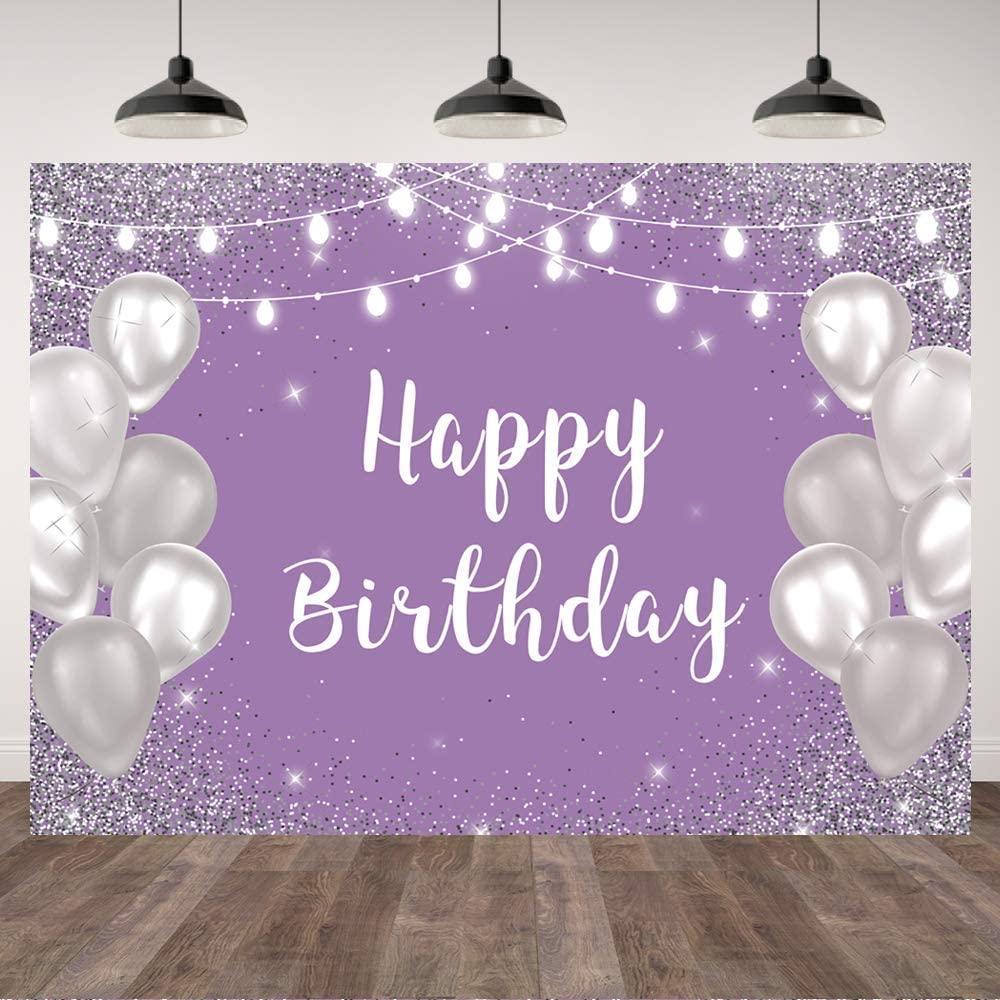 Violet Purple Silver Happy Birthday Photo Backdrop Silver Balloon White Lights Girls 16th 18th 30th Birthday Party Banner - Hibrides