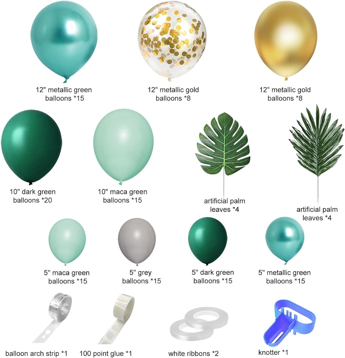 139pcs Metallic Gold Green Confetti Balloons with Tropical Palm Leaves for Animal Wild One Birthday - Hibrides