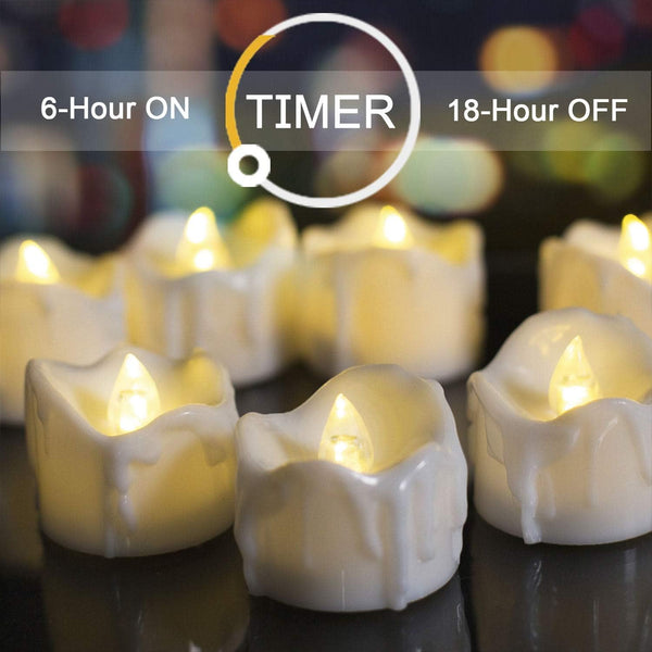 12pcs Timer Tea Lights, Flameless Flickering Battery Operated, Auto-On 6 Hours and Off 18 Hours Everyday, Batteries Included