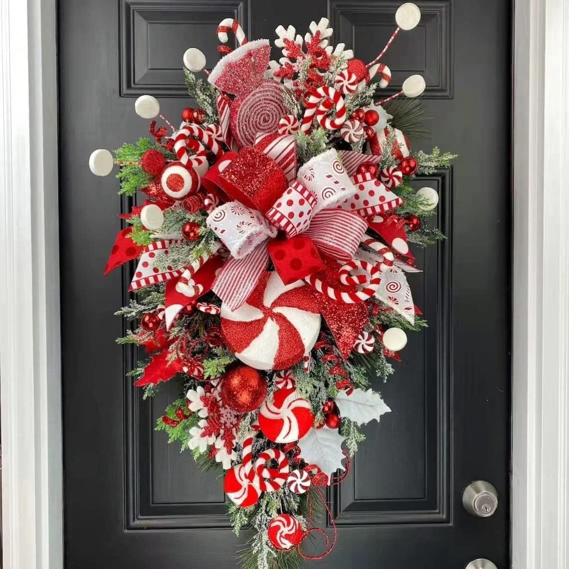 Christmas Candy Cane Wreath for Front Door Red White Teardrop Swag Candy Cane Christmas Stairway Decorations - Hibrides