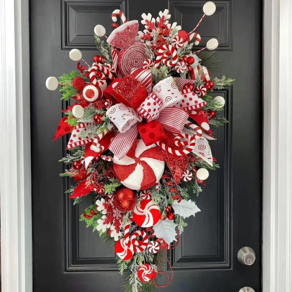 Christmas Candy Cane Wreath for Front Door Red White Teardrop Swag Candy Cane Christmas Stairway Decorations