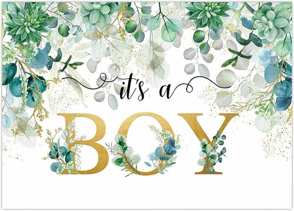 7X5FT It's a Boy Baby Shower Backdrop Succulent and Eucalyptus Leaves Background - Hibrides