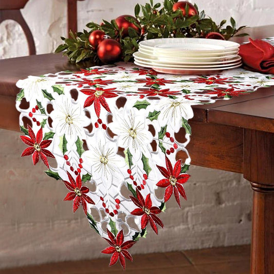 15x70 Inch Embroidered Christmas Table Runner Red Table Linens for Christmas Decorations, Luxury Holly Poinsettia Table Runner for Dining Kitchen & Dining Table - Hibrides