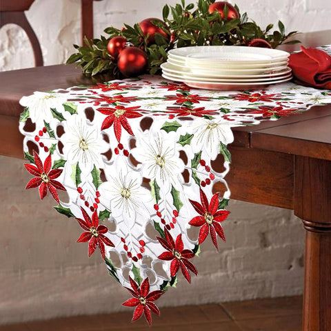 15x70 Inch Embroidered Christmas Table Runner Red Table Linens for Christmas Decorations, Luxury Holly Poinsettia Table Runner for Dining Kitchen & Dining Table