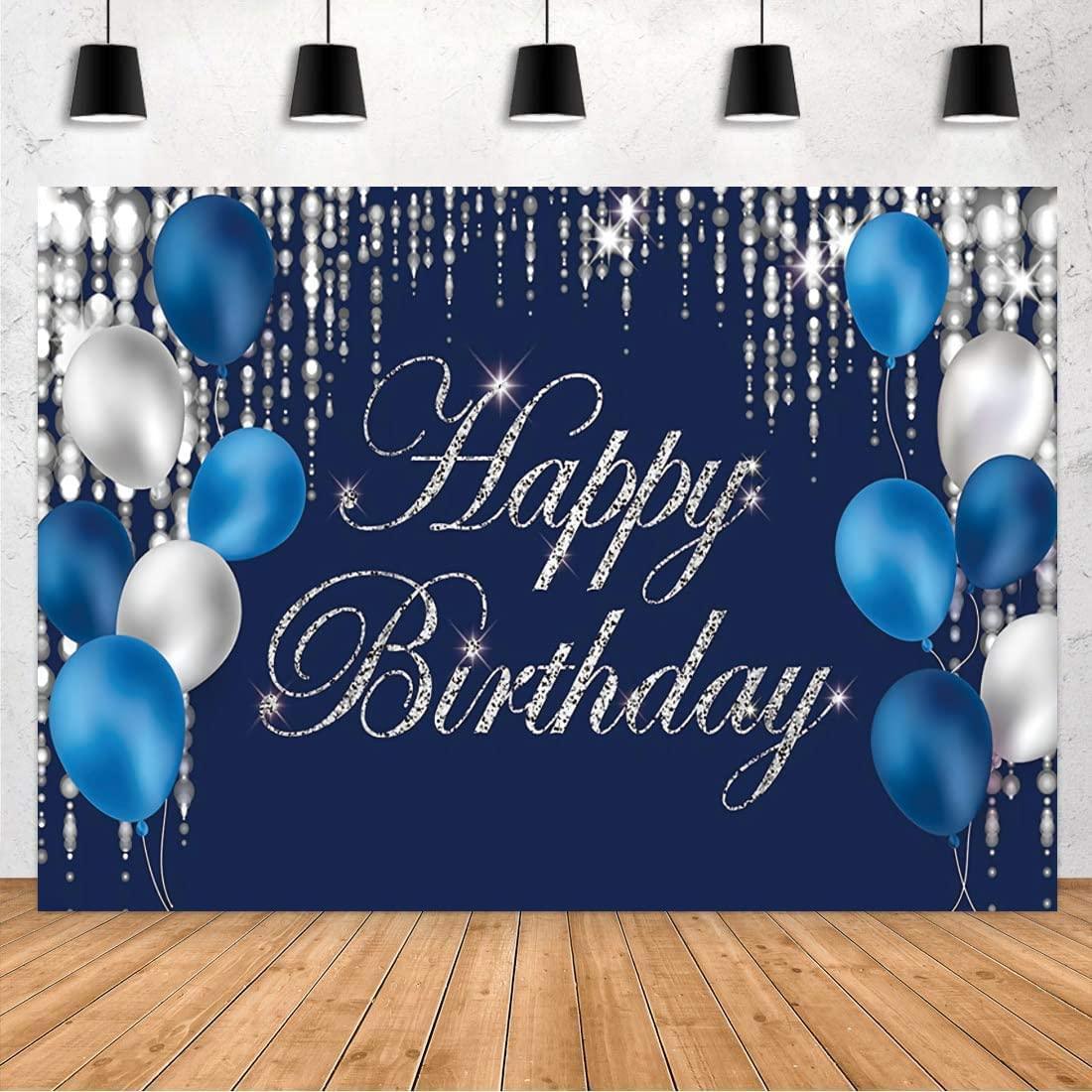 Happy Birthday Photography Backdrop Navy Blue and Silver Happy Birthday Sign - Hibrides