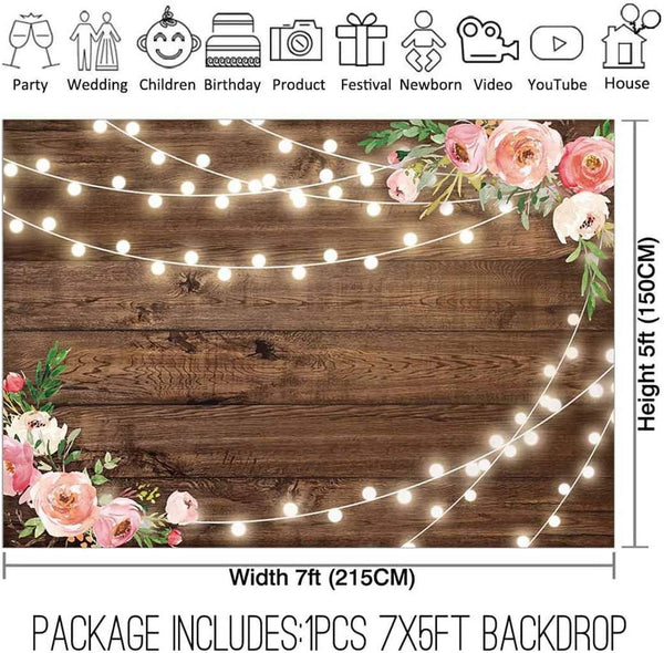 Fabric Rustic Floral Wooden Backdrop for Baby Shower Bridal Wedding Studio Photography - Hibrides