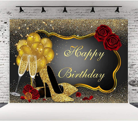 Happy Birthday Backdrop Glitter Gold Red Rose Floral Golden Balloons Heels Champagne Glass Background - Hibrides
