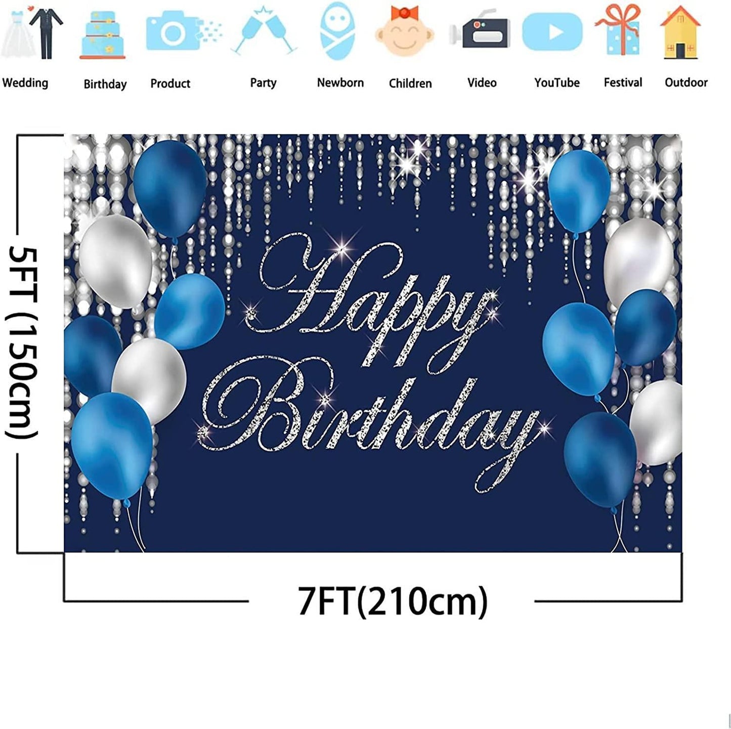 Happy Birthday Photography Backdrop Navy Blue and Silver Happy Birthday Sign - Hibrides