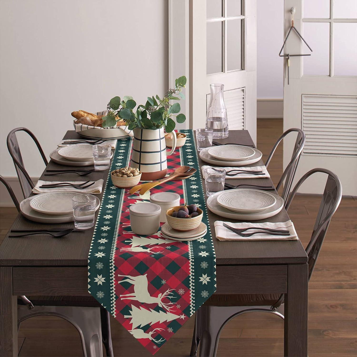13X70 Inch Christmas Tree Elk Deer Table Runners Red Holiday Buffalo Checkered Plaid Non-Slip Burlap Table Runner - Hibrides