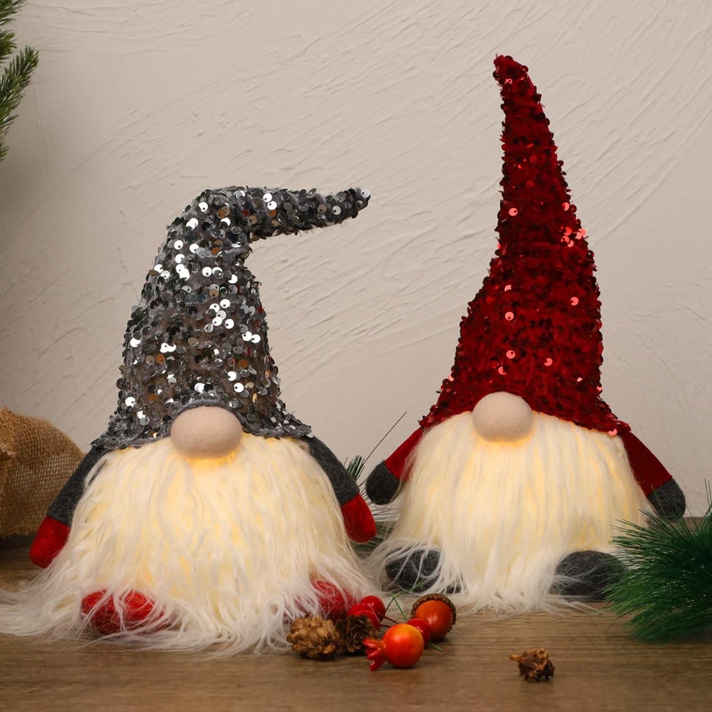 2PCS 12" Lighted Christmas Gnome, Handmade Sequins Hat Scandinavian Swedish Tomte, Light Up Plush Elf Toy Holiday Present, Battery Operated Winter Tabletop Christmas Decorations - Hibrides