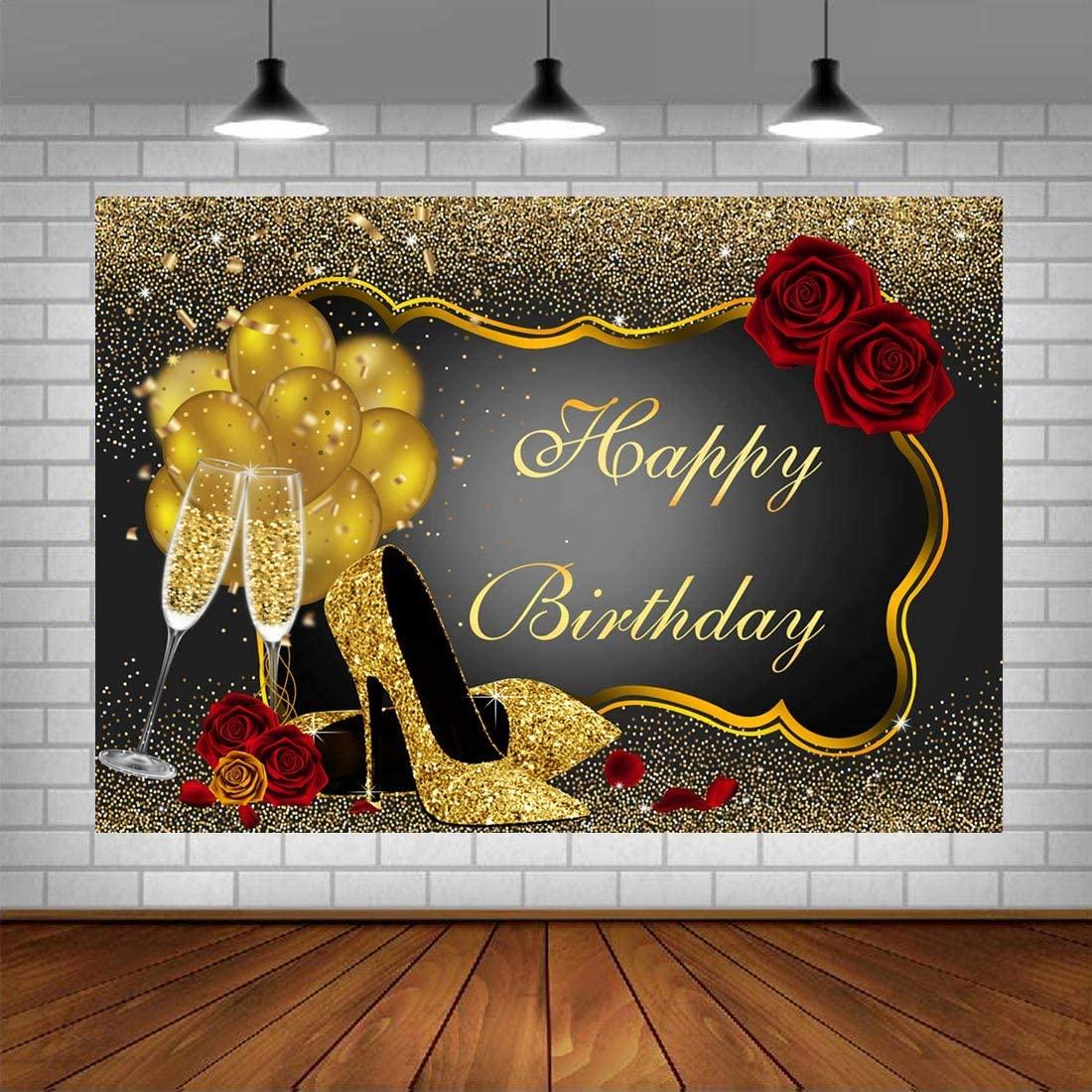 Happy Birthday Backdrop Glitter Gold Red Rose Floral Golden Balloons Heels Champagne Glass Background - Hibrides