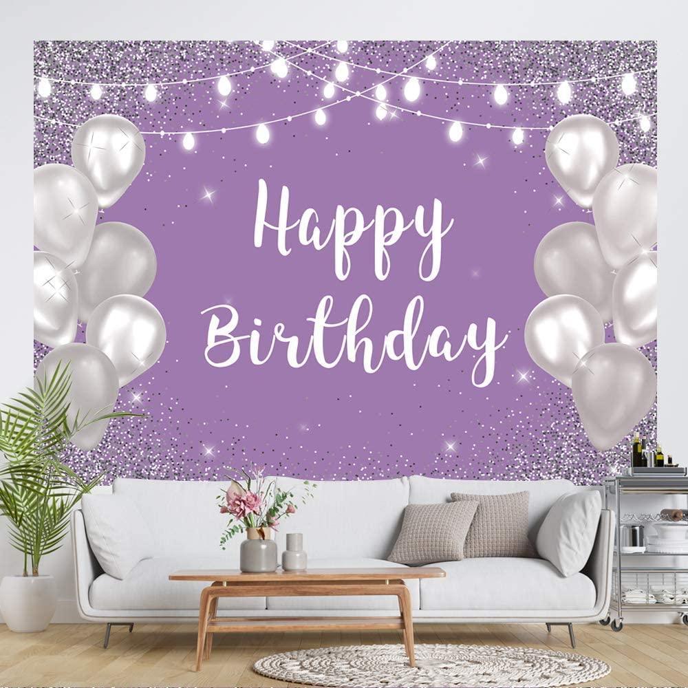 Violet Purple Silver Happy Birthday Photo Backdrop Silver Balloon White Lights Girls 16th 18th 30th Birthday Party Banner - Hibrides