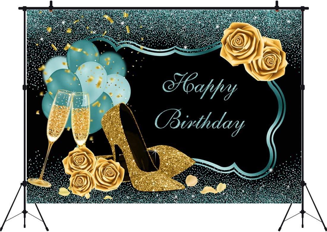 7x5ft Turquoise Green Gold Happy Birthday Backdrop Golden High Heels Glasses Photography Background - Hibrides