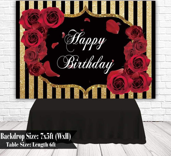 Floral Happy Birthday Party Backdrop Roses Flowers Black and God Stripes Girl Adult Photography Background - Hibrides