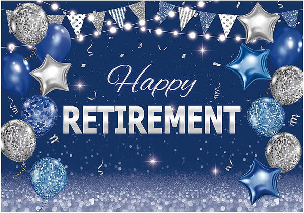 Happy Retirement Party Backdrop Blue and Silver Congrats Retire Photography Background - Hibrides