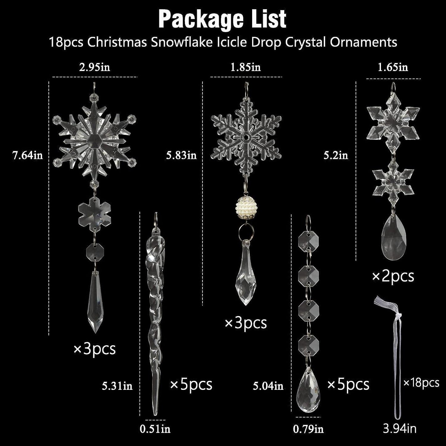 18pcs Christmas Tree Decoration Crystal Ornaments - Hanging Acrylic Christmas Snowflake Icicle Drop Crystal Ornaments for Christmas Tree - Hibrides