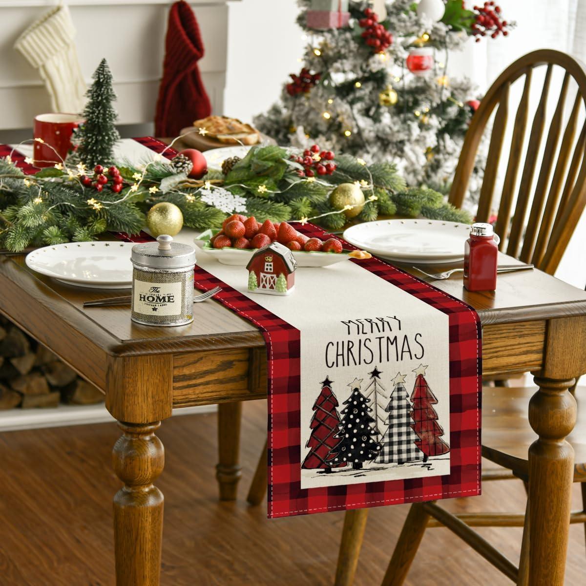 13x72 Inch Watercolor Red and Black Buffalo Plaid Christmas Trees Merry Xmas Table Runner, Seasonal Winter Holiday Kitchen Dining Table Decoration - Hibrides
