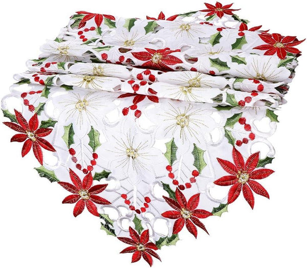 15x70 Inch Embroidered Christmas Table Runner Red Table Linens for Christmas Decorations, Luxury Holly Poinsettia Table Runner for Dining Kitchen & Dining Table - Hibrides