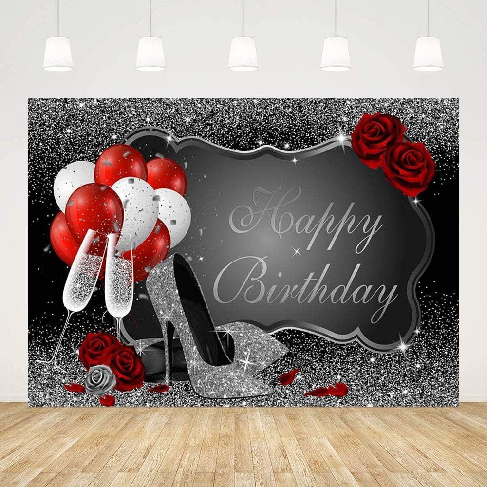 Glitter Silver Happy Birthday Party Decorations Backdrop for Women - Hibrides