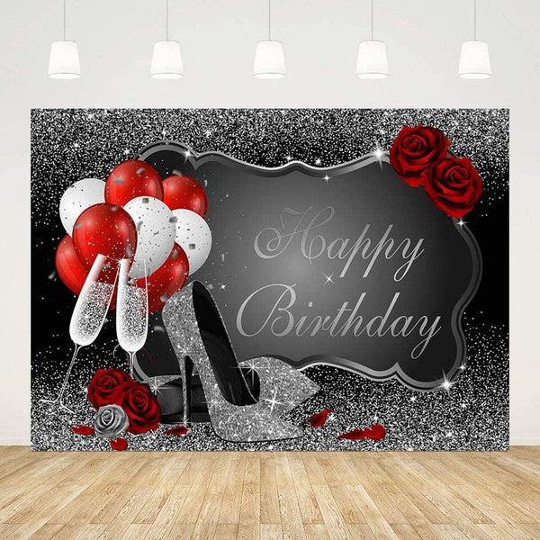 Glitter Silver Happy Birthday Party Decorations Backdrop for Women - Hibrides