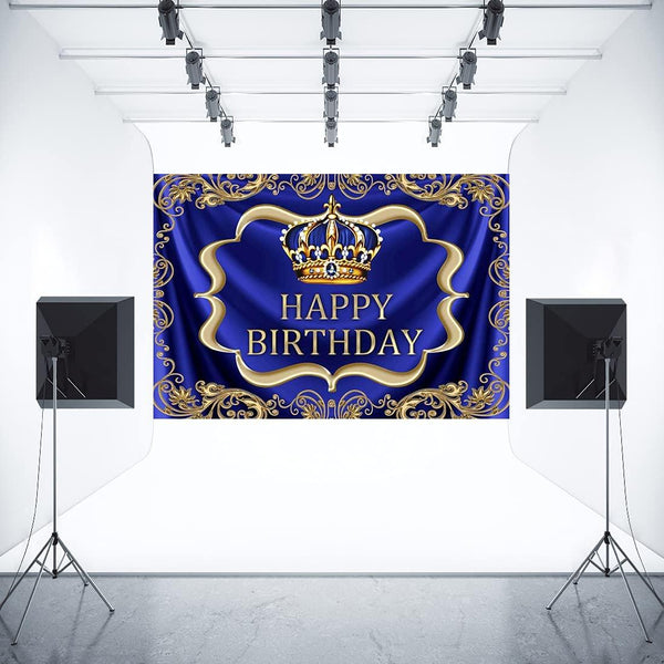 Royal Blue and Gold Happy Birthday Backdrop 7x5ft Little Baby Boy Prince King Crown Photography Background - Hibrides