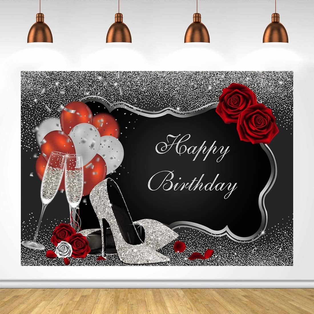Sliver and Black Happy Birthday Backdrop Glitter Sequin High Heels Champagne Glasses Red Rose Balloons - Hibrides