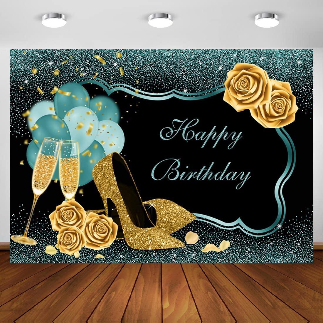 7x5ft Turquoise Green Gold Happy Birthday Backdrop Golden High Heels Glasses Photography Background - Hibrides