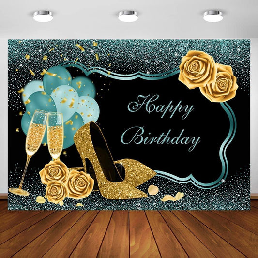 7x5ft Turquoise Green Gold Happy Birthday Backdrop Golden High Heels Glasses Photography Background - Hibrides