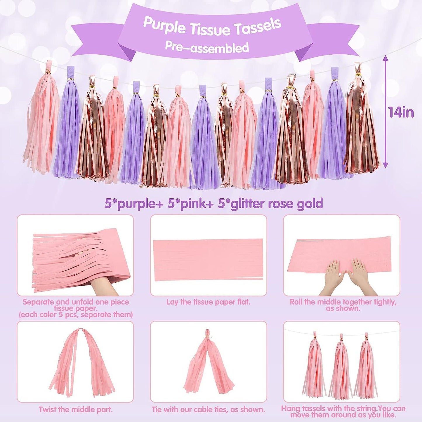 Purple Pink Birthday Party Decorations Set with Happy Birthday Banner, Tissue Paper Pompoms, Tassel Garland, and Circle Dots Garland - Hibrides