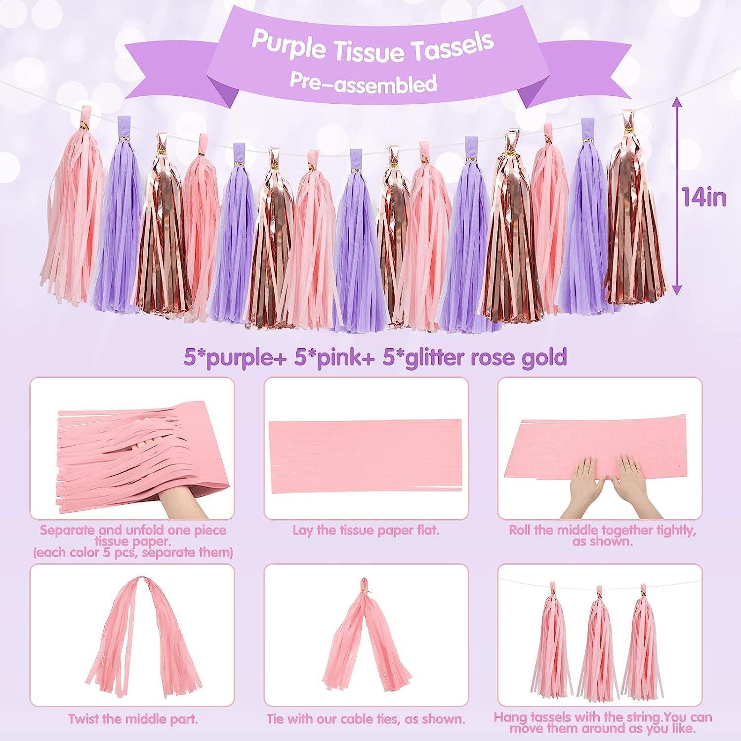 Purple Pink Birthday Party Decorations Set with Happy Birthday Banner, Tissue Paper Pompoms, Tassel Garland, and Circle Dots Garland - Hibrides
