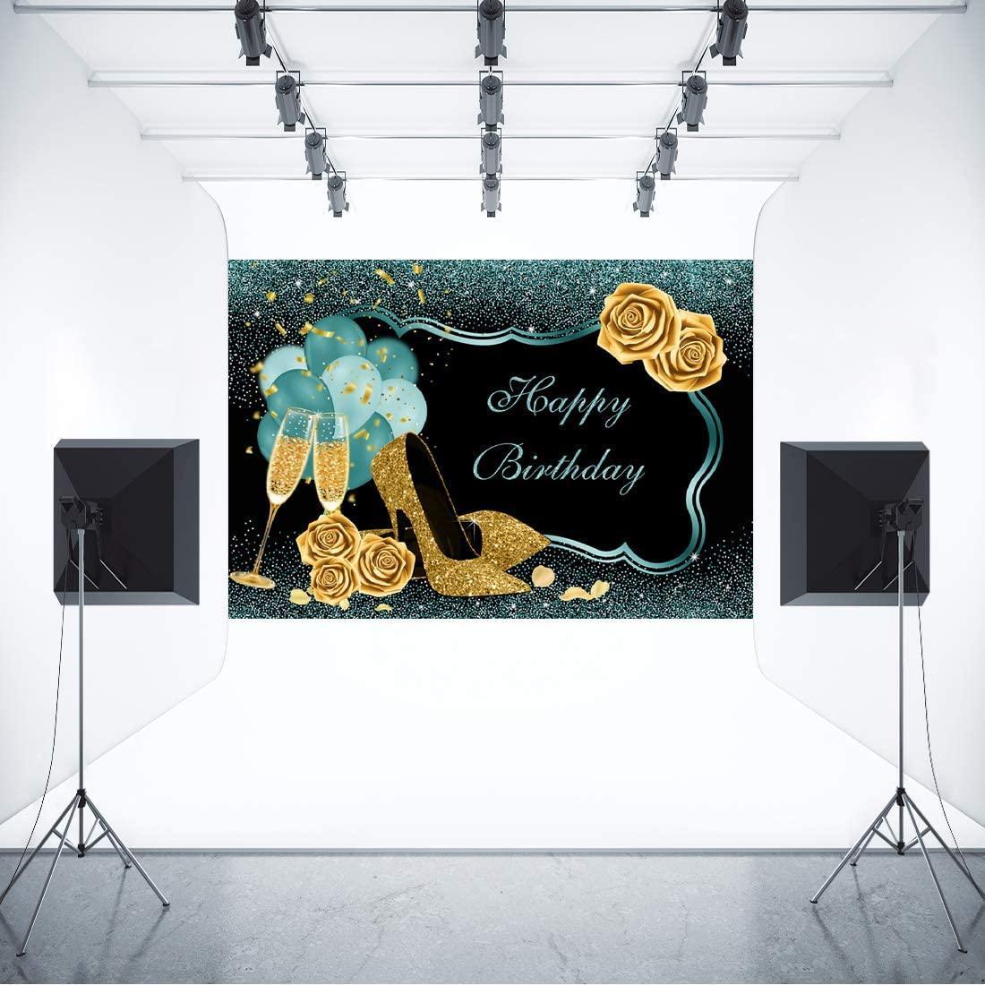 7x5ft Turquoise Green Gold Happy Birthday Backdrop Golden High Heels Glasses Photography Background - Hibrides