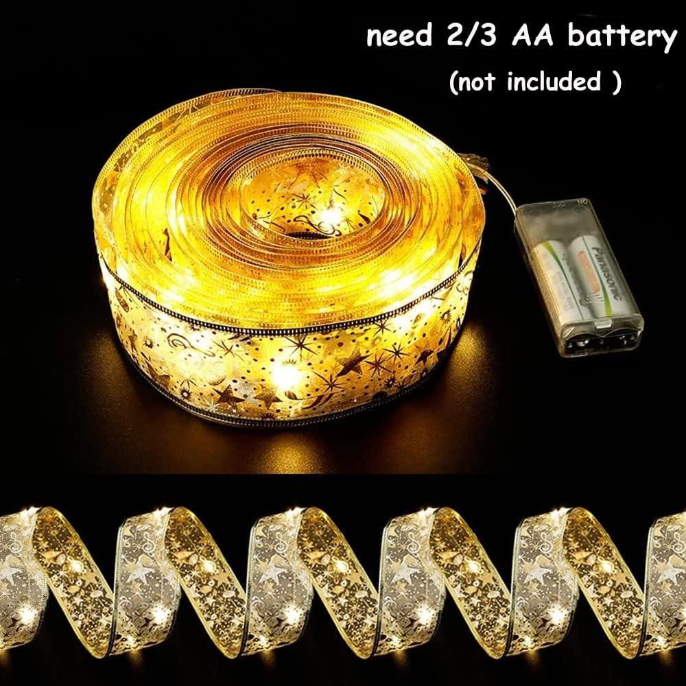 2PCS Christmas Tree Decorations Gold String Lights 16ft 100 LED Lights Copper Wire Ribbon Bows Lights - Hibrides
