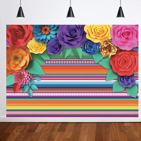 Mexican Fiesta Theme Party Colorful Striped Backdrop Fiesta Cinco De Mayo Paper Flowers Background - Hibrides