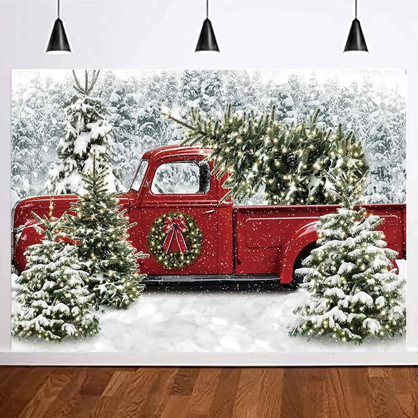 7X5FT Christmas Retro Red Truck Photography Background Snow Capped Forest Family Children's Holiday Party Decorations Photo Banner Backdrop Props - Hibrides