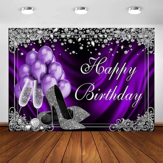 Silver Purple Birthday Photography Backdrops 7x5ft Purple Balloons Silver High Heels Champagne Birthday Party Banner Decoration - Hibrides