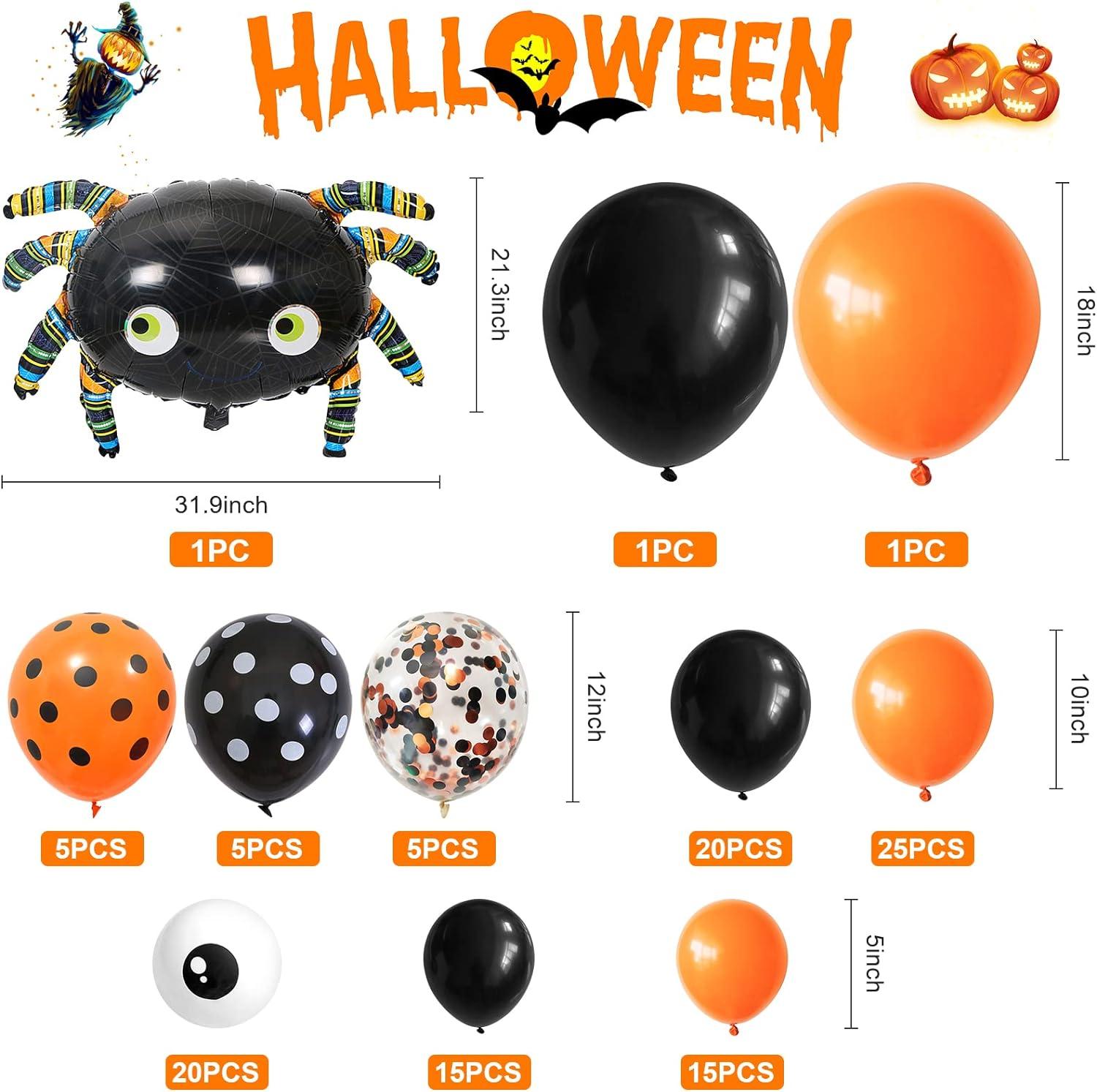 113PCS Halloween Balloon Garland Arch Kit, Black Orange White Confetti Balloons with Large Spider Foil Balloon - Hibrides