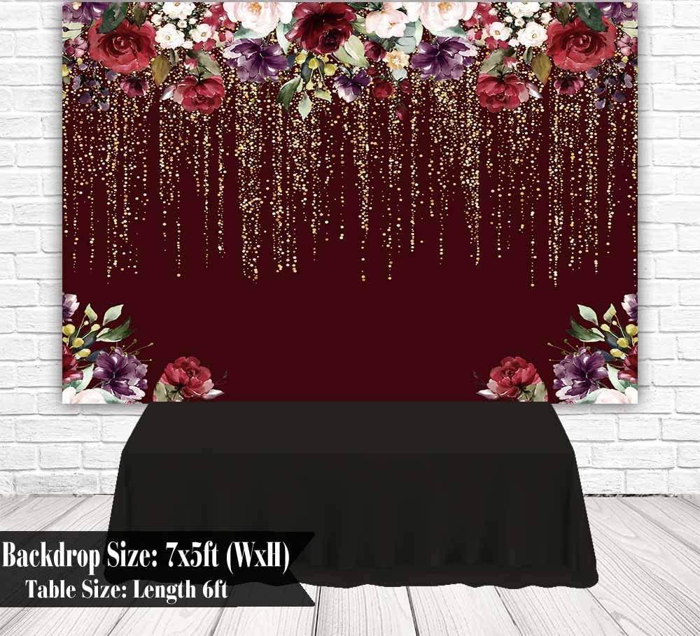 Durable Fabric Burgundy Red Flowers Backdrop No Wrinkles Golden Glitter Floral Birthday Party Photography - Hibrides