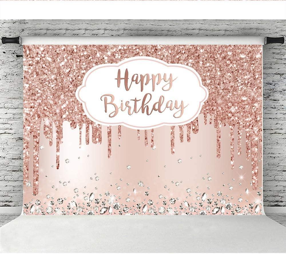 Pink Rose Golden Birthday Party Backdrop Glitter Diamonds Happy Birthday Background - Hibrides