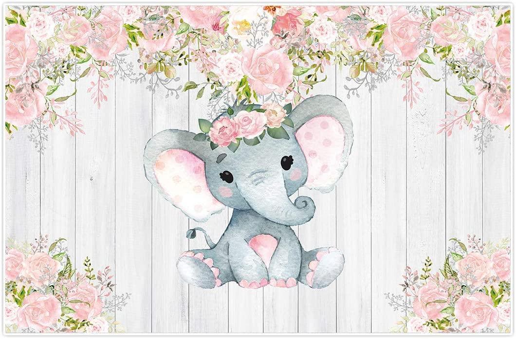 7x5ft Rustic White Wood Elephant Backdrop Supplies for Baby Shower Pink Floral It's a Girl Newborn Kids Birthday Party Decorations - Hibrides