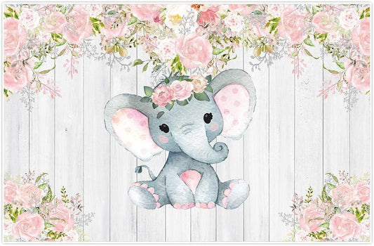 7x5ft Rustic White Wood Elephant Backdrop Supplies for Baby Shower Pink Floral It's a Girl Newborn Kids Birthday Party Decorations - Hibrides