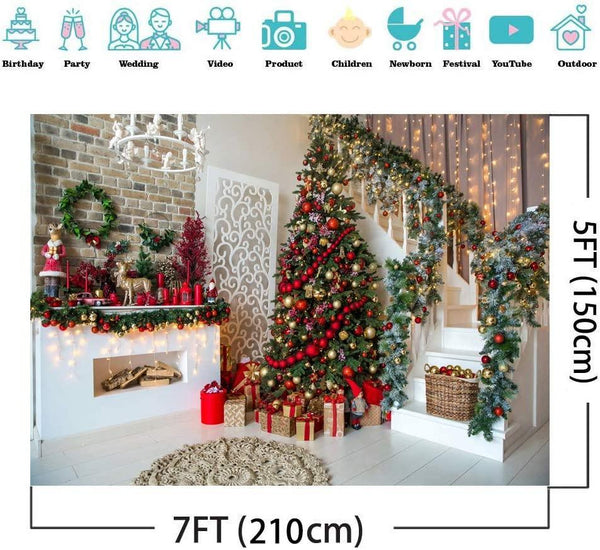 7x5FT Christmas Backdrops for Photography Fireplace Christmas Photography Background Indoors Xmas Tree Gift - Hibrides