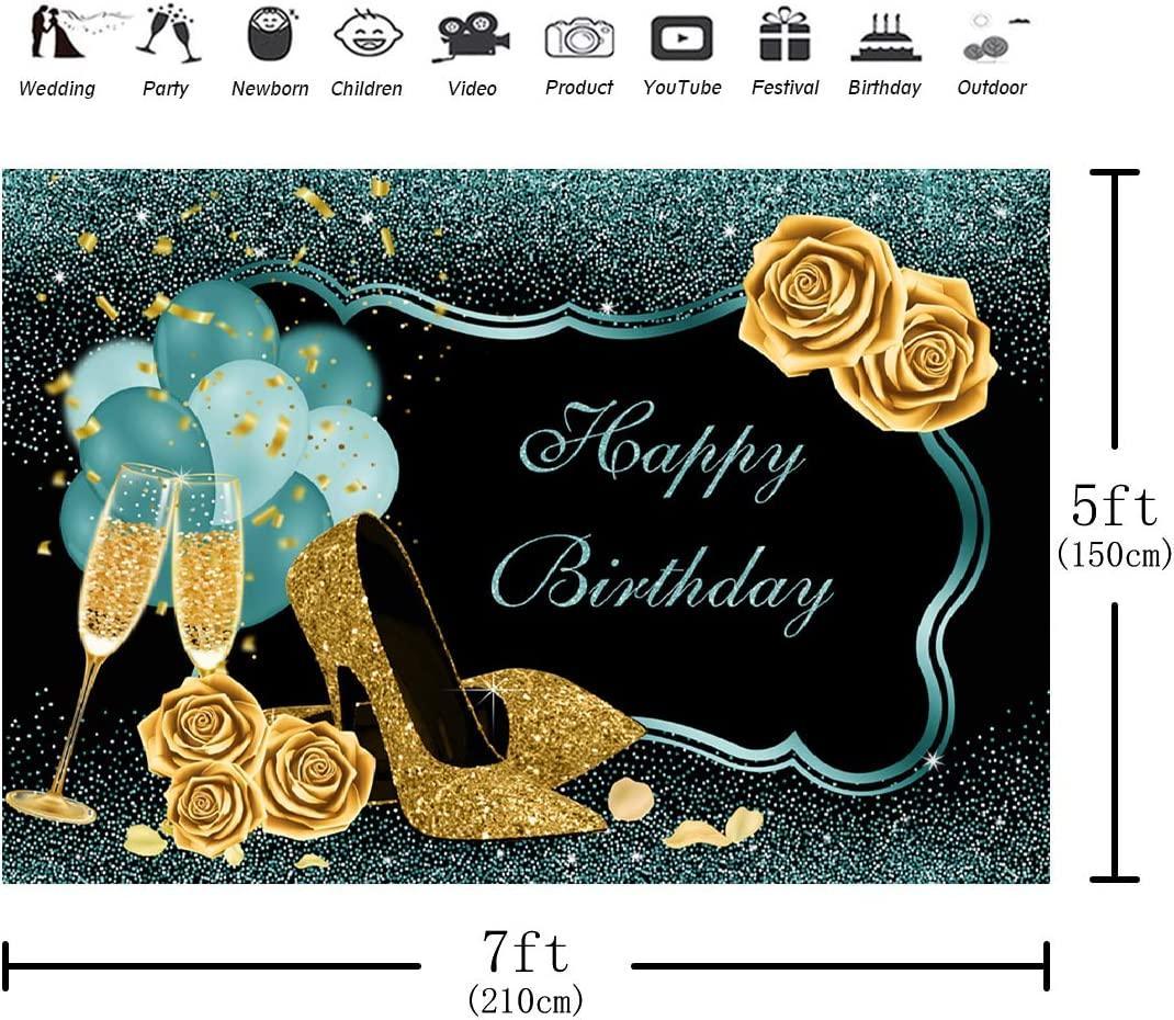 7x5ft Turquoise Green Gold Happy Birthday Backdrop Golden High Heels Glasses Photography Background - Hibrides