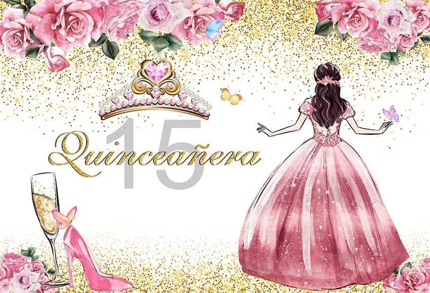 Quinceanera Backdrop for Girl Happy 15th Birthday Background Pink Flowers High Heels Crown Princess Birthday Party Decorations - Hibrides