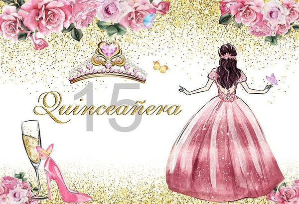 Quinceanera Backdrop for Girl Happy 15th Birthday Background Pink Flowers High Heels Crown Princess Birthday Party Decorations - Hibrides