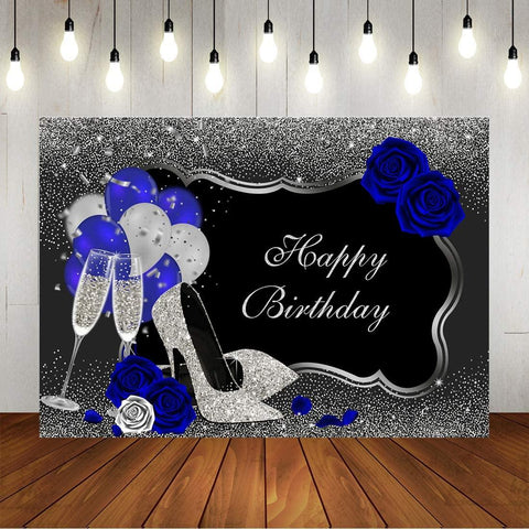 Sliver and Black Happy Birthday Backdrop Glitter Sequin High Heels Champagne Glasses Red Rose Balloons - Hibrides