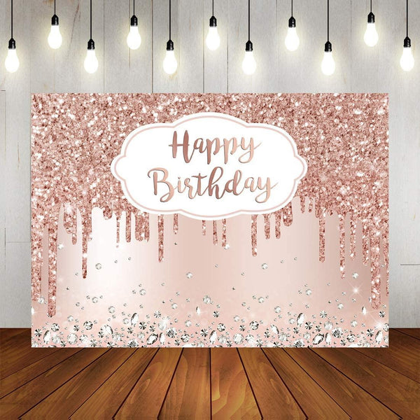 Pink Rose Golden Birthday Party Backdrop Glitter Diamonds Happy Birthday Background - Hibrides