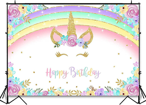 Rainbow Unicorn Backdrop Gold Unicorn Birthday Backdrop Glitter Rainbow Floral Party Photography Background - Hibrides